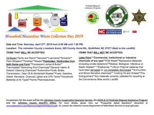 Disposal Day Flyer with details of items that will be accepted, you can contact the Johnston County Department of Solid Waste at 919-938-4750 for any questions you may have.