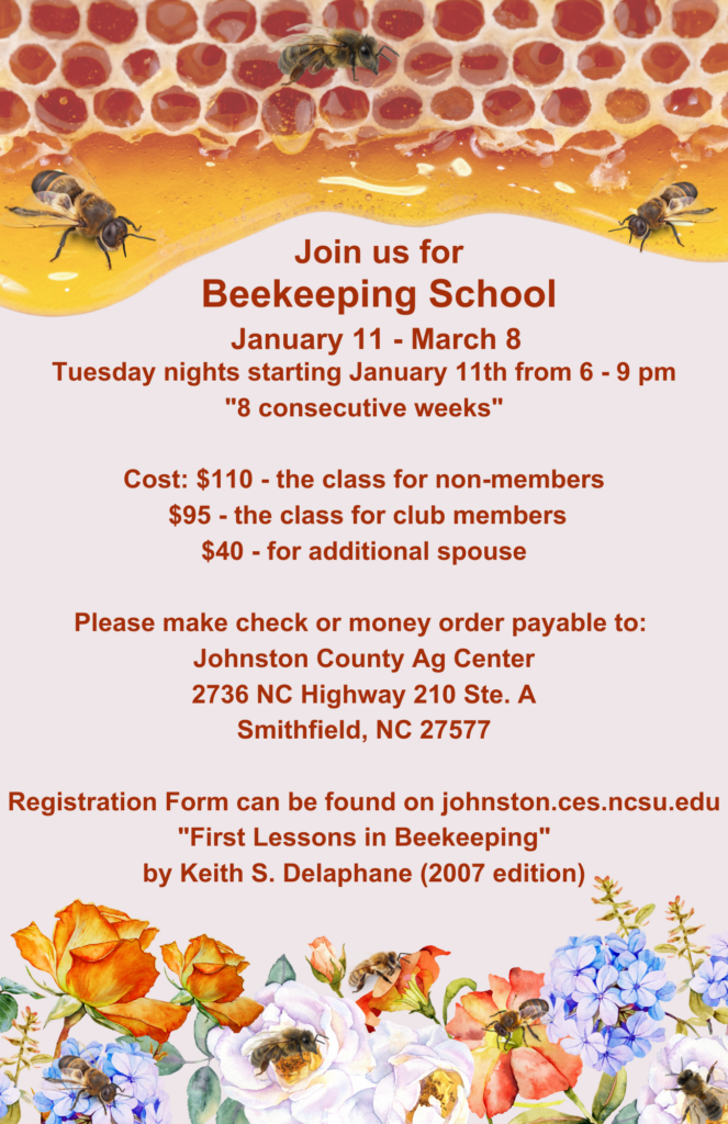 2022 Beekeeping School flyer with honey combs flowers and bees