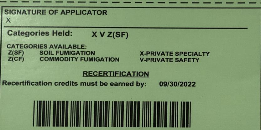 Example of Pesticide Card with fumigation category