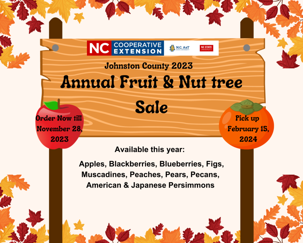 Orange, yellow and maroon maple leaves border the tan background with a wooden sign that states Annual Fruit and Nut tree sale. 