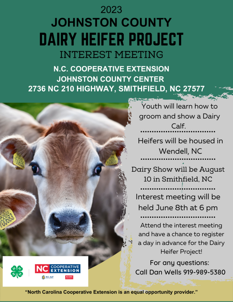 2023 Johnston County Youth Dairy Heifer Project Interest Meeting June 8, 2023 at 6 p.m. For any questions call 919-989-5380.