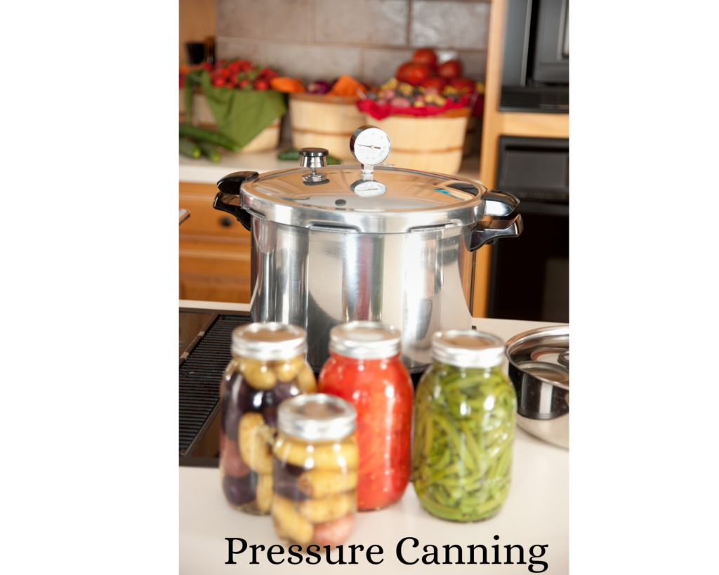 pressure cooker with four mason jars with bean, potatoes and tomatoes.