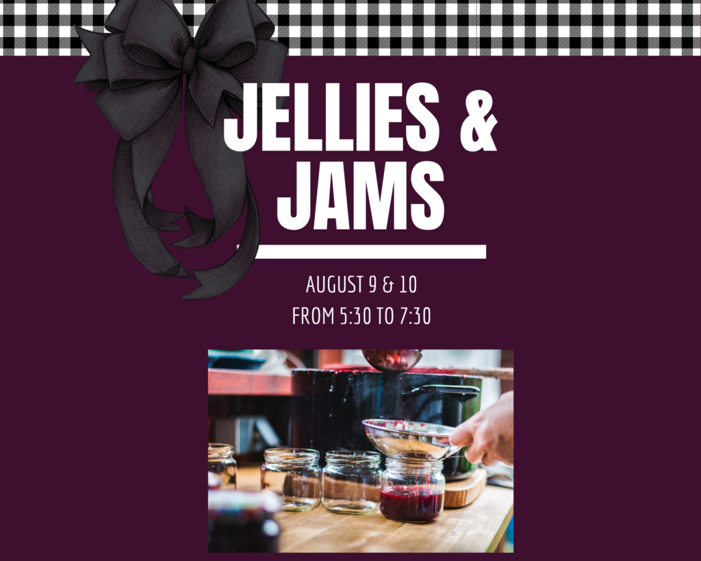 Plum color background with black & white plaid banner and black bow. Picture of mason jar with jam being sifted into it.