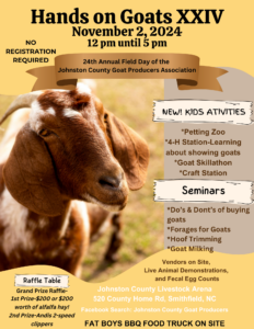 Hands on Goats November 2, 2024 12:00 pm - 5:00 pm at the Johnston County Livestock Arena.