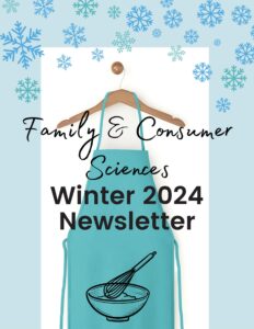 Teal background with blue and teal snow flakes. A hanger with an apron that a bowl and whisk on it