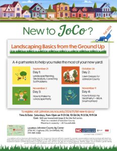 New to Jt>ClY? Landscaping Basics from the Ground Up A 4-part series to help you make the most of your new yard! September 21 Day1: Landscape Planning, Site Analysis, Correcting Soil Problems November2 Day3: How to Make my Landscape Pretty October26 Day 2: Lawn Grasses for Johnston County November9 Day4: How to Keep my Yard Pretty? - Work Smart not Hard To register, visit: johnston.ces.ncsu.edu/2024/01/fall-new-to-joco/ Time & Date: Saturdays, 9am-12pm on 9/21/24, 10/26/24, 11/2/24, 11/9/24 Cost: $60 per household (max 2) for the full series. Must be a resident of Johnston County. Maximum capacity= 20 households Location: Johnston County Ag Center 2736 NC Highway 210, Smithfield, NC 919-989-5380