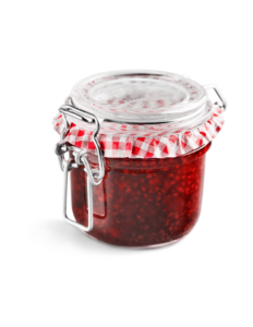 Red Jam in clear glass container