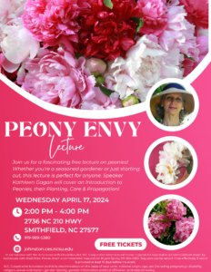Pink background with 3 peony pictures and one picture of speaker Kathleen Gagan