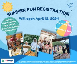 Summer Fun Registration Will Open April 12, 2024. This year's Summer Fun camps will include Gardening, Beekeeping, and Cooking. Some of the Cooking camps to look for will be Global Cuisines, Farm to Fork, Cloverbud Cooking, and Kitchen Boss.
