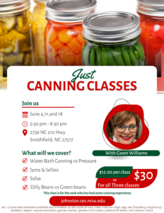 Canning jars with green beans, carrots.Just Canning where we cover the safe and scientific methods for canning. These classes will cover water bath canning vs pressure canning. Jams & Jellies, salsa, and dilly beans vs green beans. These classes are for the cook who has had some canning experience.