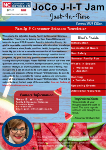 elcome to the Johnston County Family & Consumer Sciences Newsletter. Thank you for joining me! I am Gwen Williams and happy to be your FCS Extension Agent in Johnston County. My goal is to provide community members with education, knowledge, and confidence about foods, nutrition, health, budgeting, and the home. My job is to be a valuable resource for all Joco residents who wants to lead a healthier lifestyle through nutrition based programs. My goal is to help you make healthy choices while staying within your budget. Please feel free to reach out to me with questions about food, nutrition, food preservation, recipes, living a healthier lifestyle, or anything related to the home or family. You may give me a call or email me to learn about useful workshops, classes, and programs offered through FCS Extension. Be sure to subscribe to this newsletter to receive updates and information about all the programs offered through FCS Extension. The link to subscribe is on the last page of the newsletter. You can find me at https://johnston.ces.ncsu.edu/
