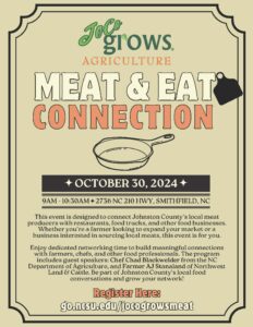 MEAT & EAT This event is designed to connect Johnston County’s local meatproducers with restaurants, food trucks, and other food businesses.Whether you're a farmer looking to expand your market or abusiness interested in sourcing local meats, this event is for you.Enjoy dedicated networking time to build meaningful connectionswith farmers, chefs, and other food professionals. The programincludes guest speakers: Chef Chad Blackwelder from the NCDepartment of Agriculture, and Farmer AJ Stanaland of NorthwestLand & Cattle. Be part of Johnston County’s local foodconversations and grow your network! CONNECTION Register Here: go.ncsu.edu/jocogrowsmeat