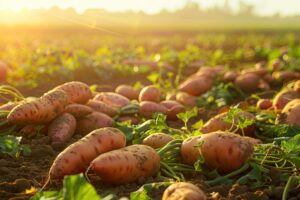 sweetpotatos in field with sunshine